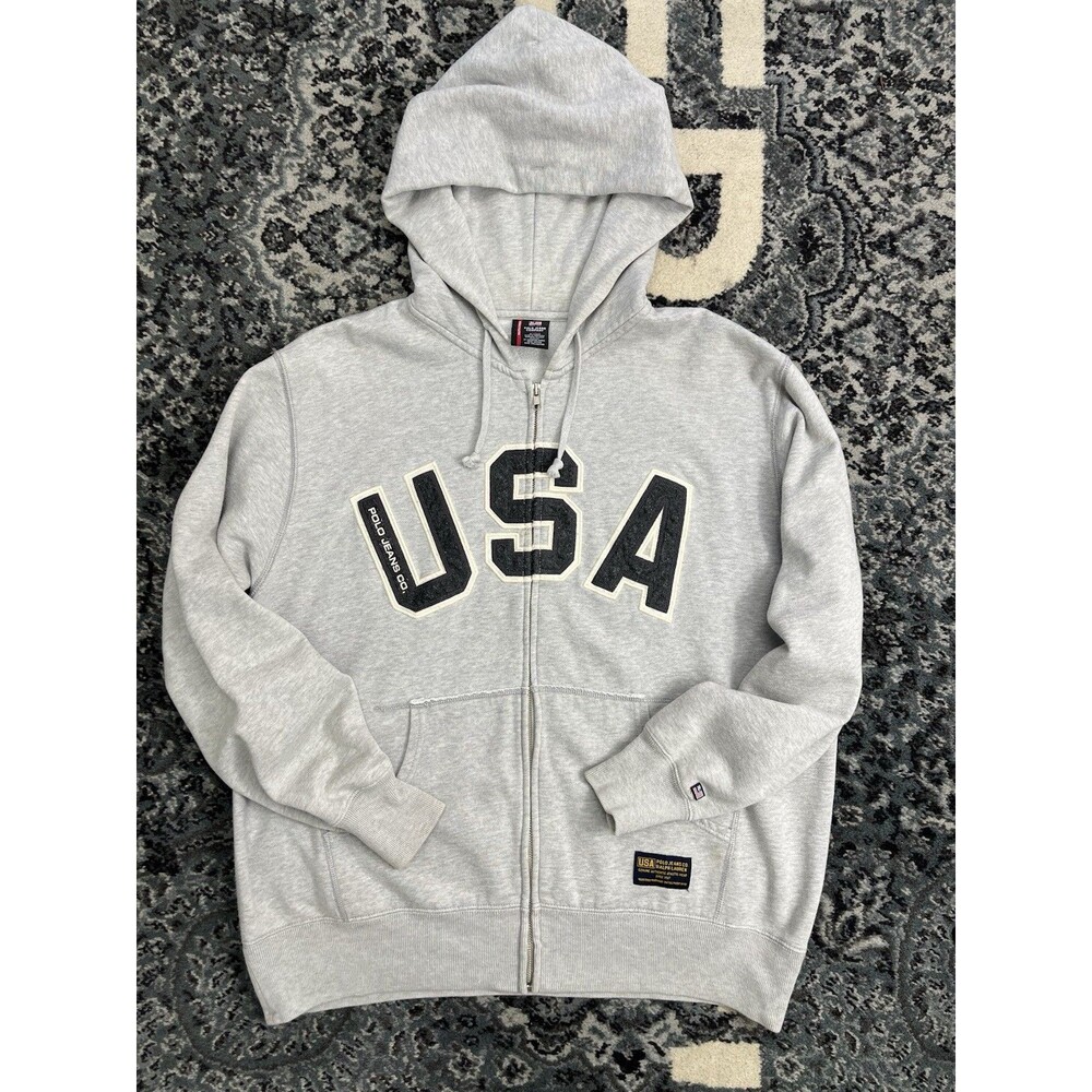 Vintage Ralph Lauren Polo Jeans Company USA Hoodie Zip Sweater Size Large Gray